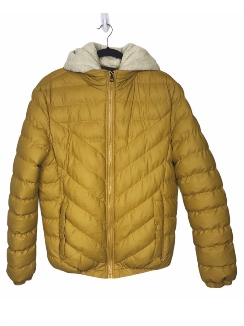 Marigold Yellow Hooded Shearling Convertible Puffer Jacket